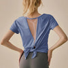Yoga Shirt Women Mesh Back Split Cross Wrap Fitness T Shirt Short Sleeve Tops