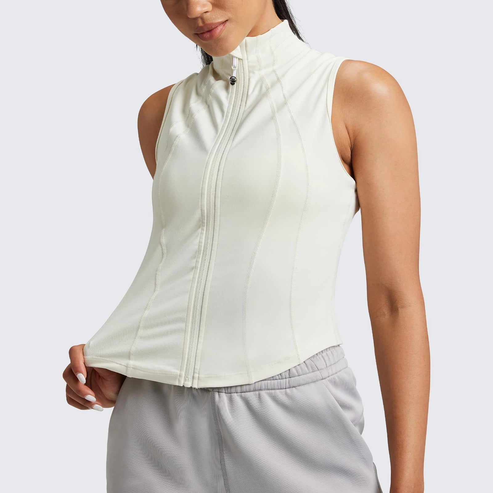 Women Workout Sleeveless Yoga Jacket Solid Zip-Up Stand Collar Tank Tops