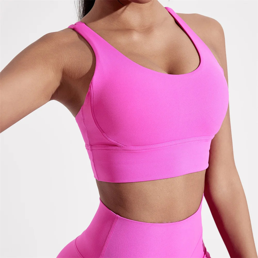 Solid Color Women Cross back Fitness sport Bra high strength Tight Top Gym