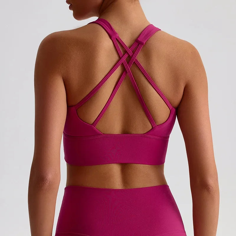 Solid Color Women Fitness Bra Tights Sports Tank Top Cross Back Gym Clothe