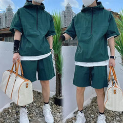 Summer Cargo Style Set Men's Casual Hooded Solid Short Sleeve T-shirt Shorts