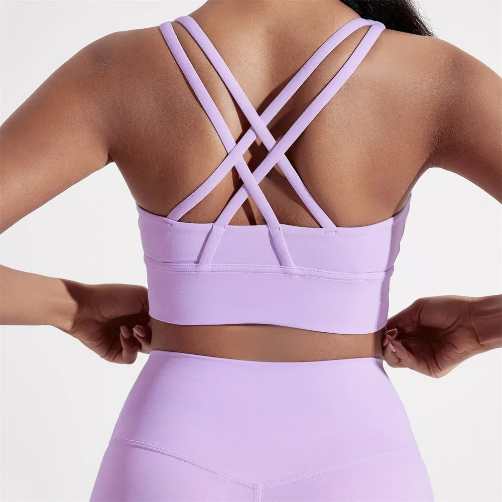 Solid Color Women Cross back Fitness sport Bra high strength Tight Top Gym