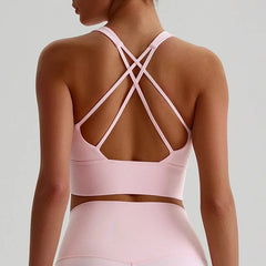Solid Color Women Fitness Bra Tights Sports Tank Top Cross Back Gym Clothe
