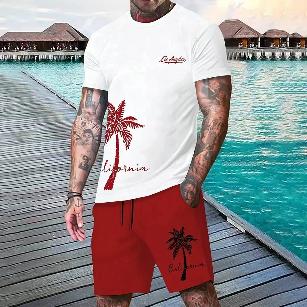 New Men's Suit Hawaiian Gradient Coconut Print Suit Summer Beach T-Shirt