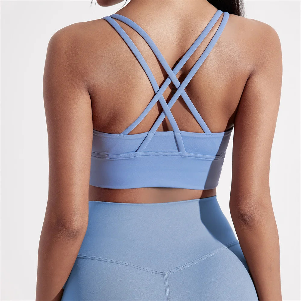 Solid Color Women Cross back Fitness sport Bra high strength Tight Top Gym