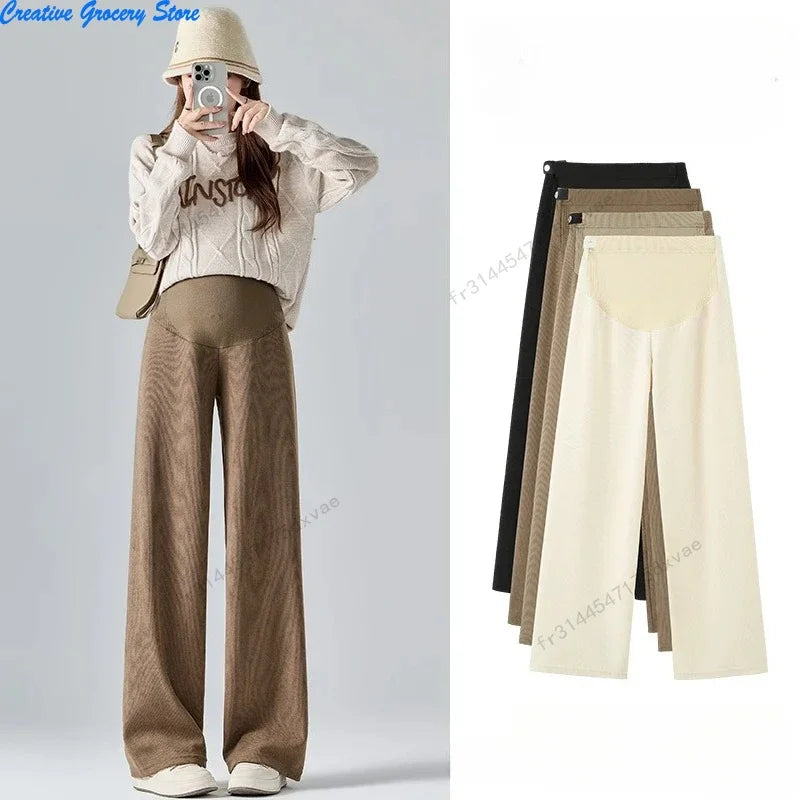 Winter Maternity Pants Wide leg Loose Straight Elastic Waist Belly Long Trousers