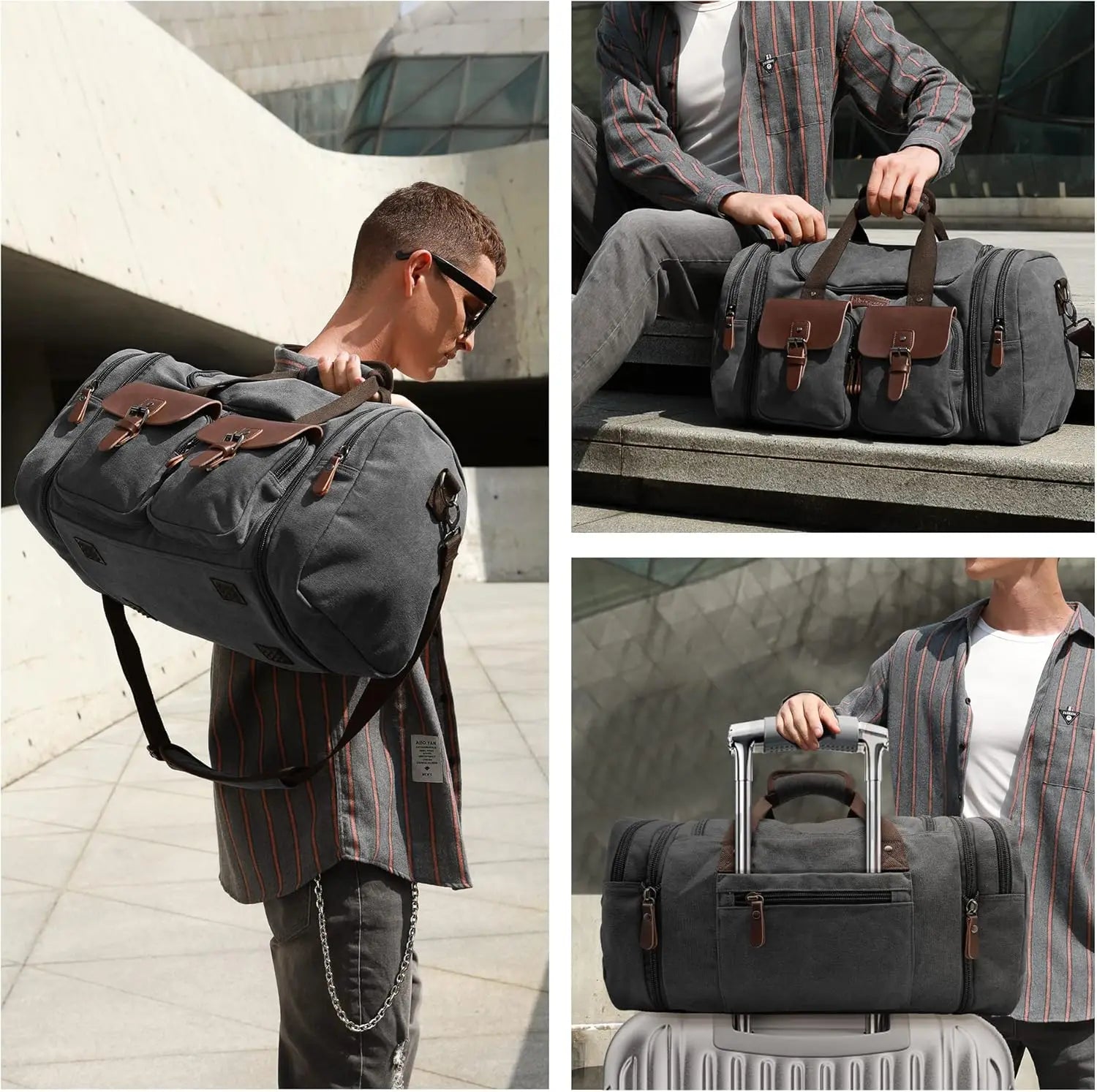 Expandable 60L Canvas Leather Duffle Bag, Waterproof Travel Weekender Carry