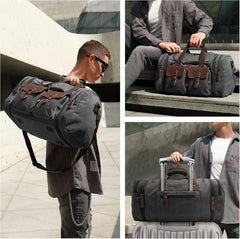 Expandable 60L Canvas Leather Duffle Bag, Waterproof Travel Weekender Carry