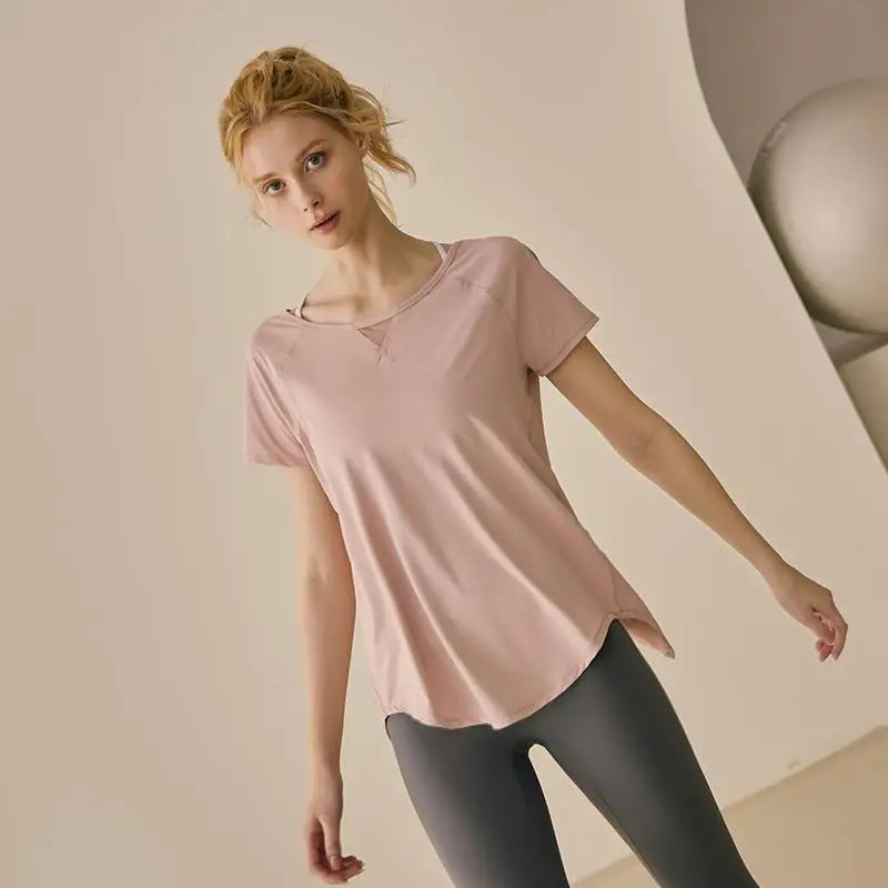 Yoga Shirt Women Mesh Back Split Cross Wrap Fitness T Shirt Short Sleeve Tops