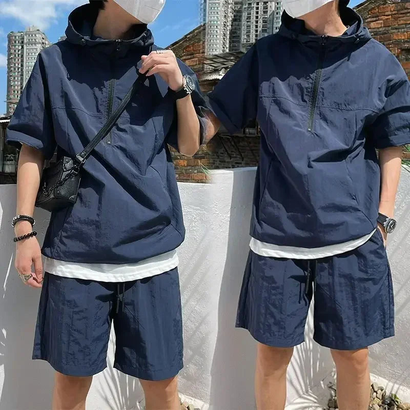 Summer Cargo Style Set Men's Casual Hooded Solid Short Sleeve T-shirt Shorts