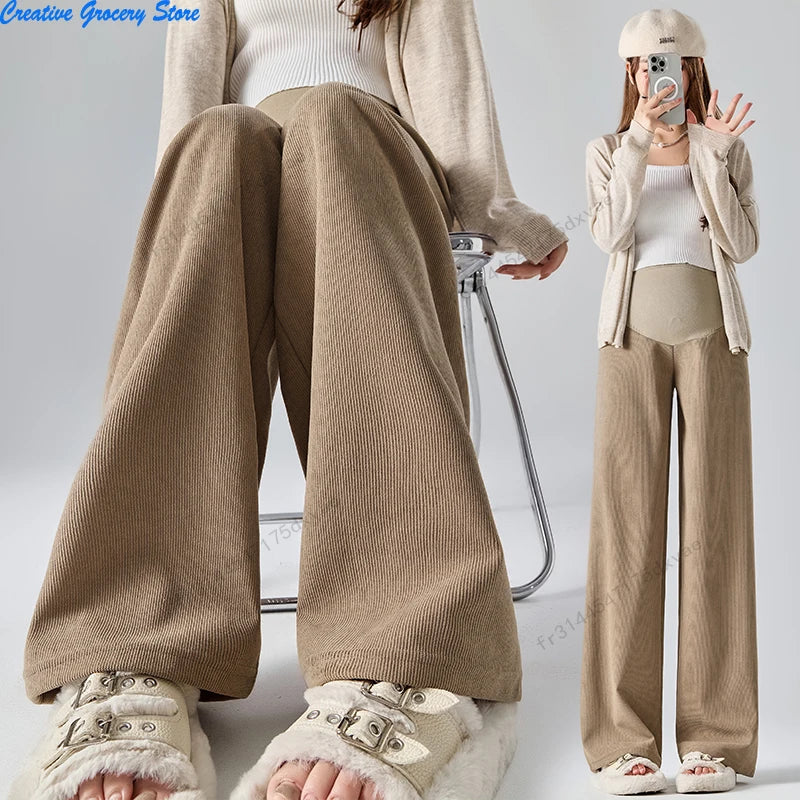 Winter Maternity Pants Wide leg Loose Straight Elastic Waist Belly Long Trousers