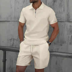 Men Europe and the United States new summer Waffle solid color zip-up sets
