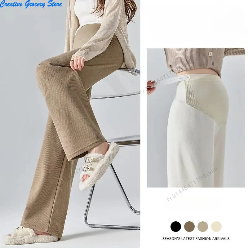 Winter Maternity Pants Wide leg Loose Straight Elastic Waist Belly Long Trousers