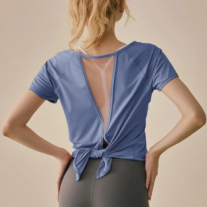 Yoga Shirt Women Mesh Back Split Cross Wrap Fitness T Shirt Short Sleeve Tops