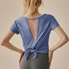 Yoga Shirt Women Mesh Back Split Cross Wrap Fitness T Shirt Short Sleeve Tops