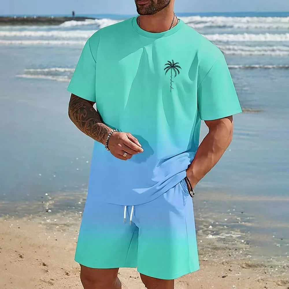 New Men's Suit Hawaiian Gradient Coconut Print Suit Summer Beach T-Shirt