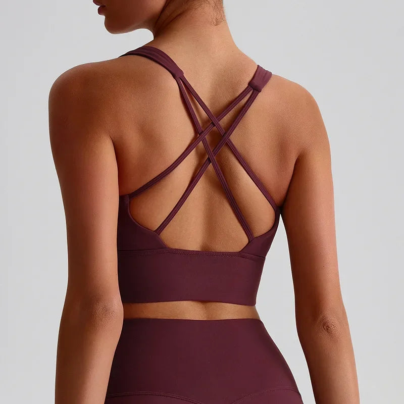 Solid Color Women Fitness Bra Tights Sports Tank Top Cross Back Gym Clothe