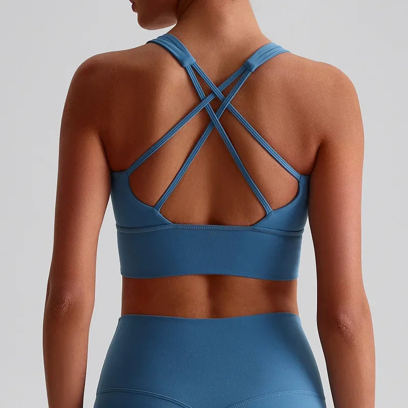 Solid Color Women Fitness Bra Tights Sports Tank Top Cross Back Gym Clothe