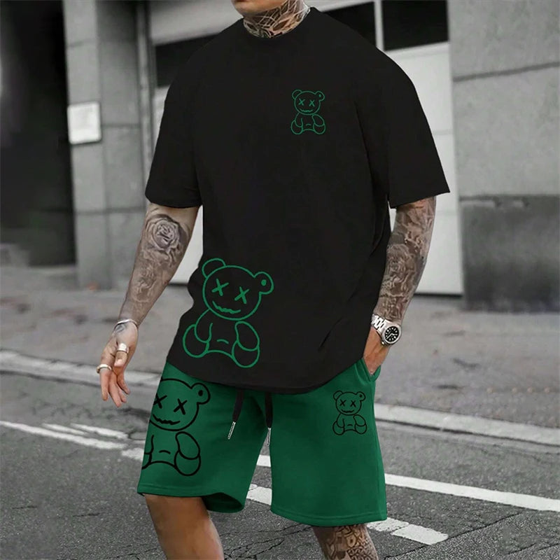 Bear Harajuku T-Shirt Men's Summer Loose Daily Couple Suit Outdoor Suit
