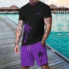 New Men's Suit Hawaiian Gradient Coconut Print Suit Summer Beach T-Shirt