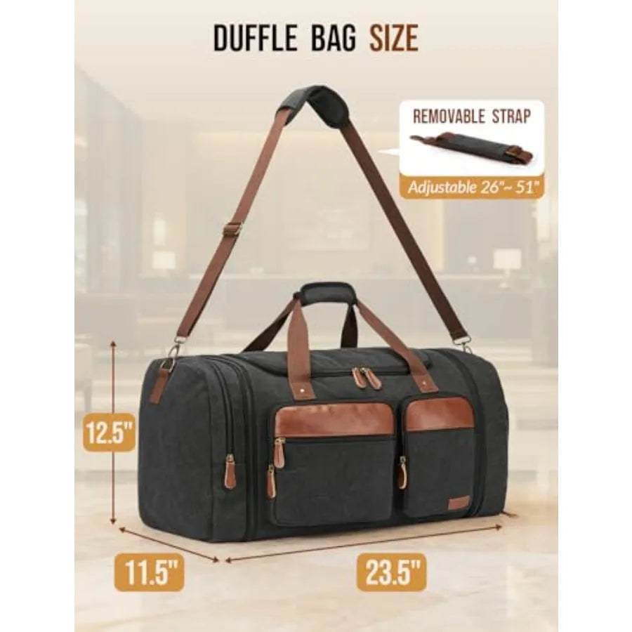 Expandable 65L Canvas Duffle Bag Travel Men Women Overnight Weekend Gym Bag