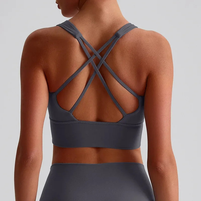 Solid Color Women Fitness Bra Tights Sports Tank Top Cross Back Gym Clothe