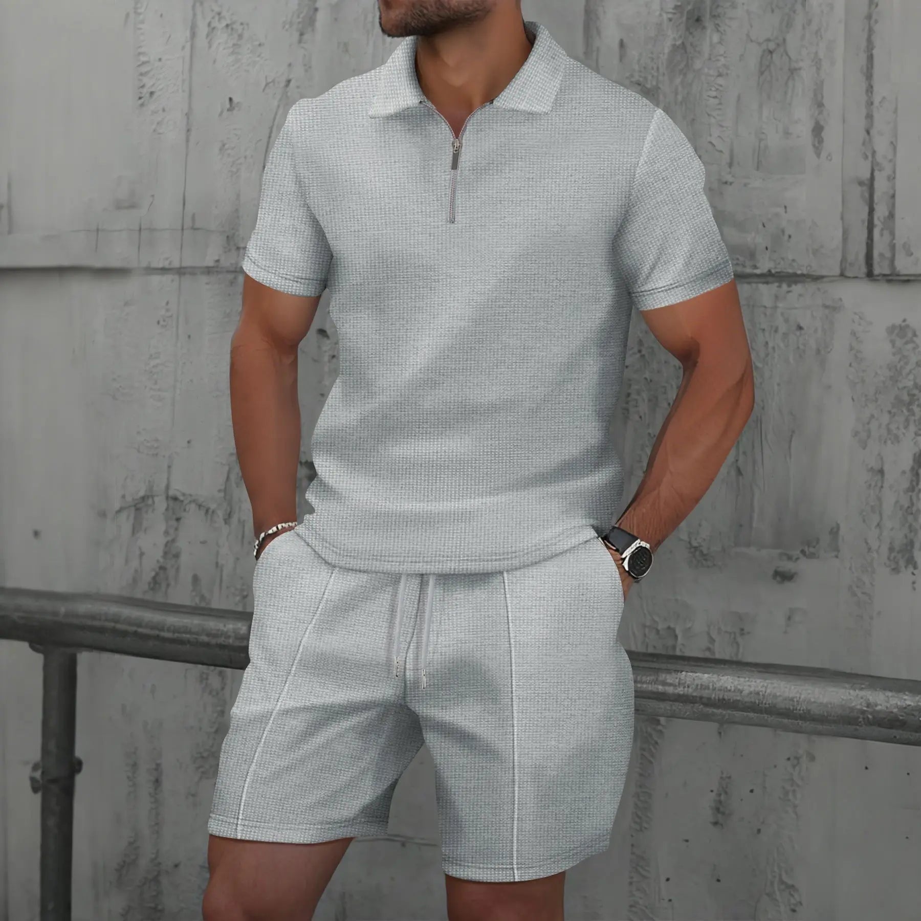 Men Europe and the United States new summer Waffle solid color zip-up sets