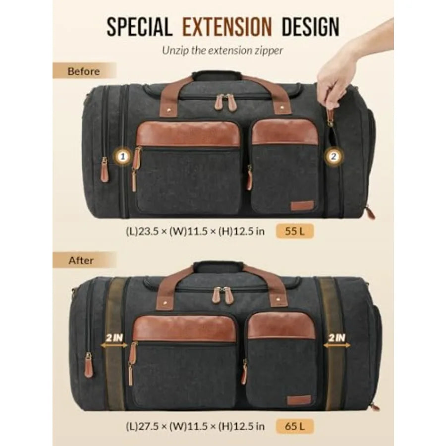 Expandable 65L Canvas Duffle Bag Travel Men Women Overnight Weekend Gym Bag