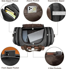 Expandable 60L Canvas Leather Duffle Bag, Waterproof Travel Weekender Carry