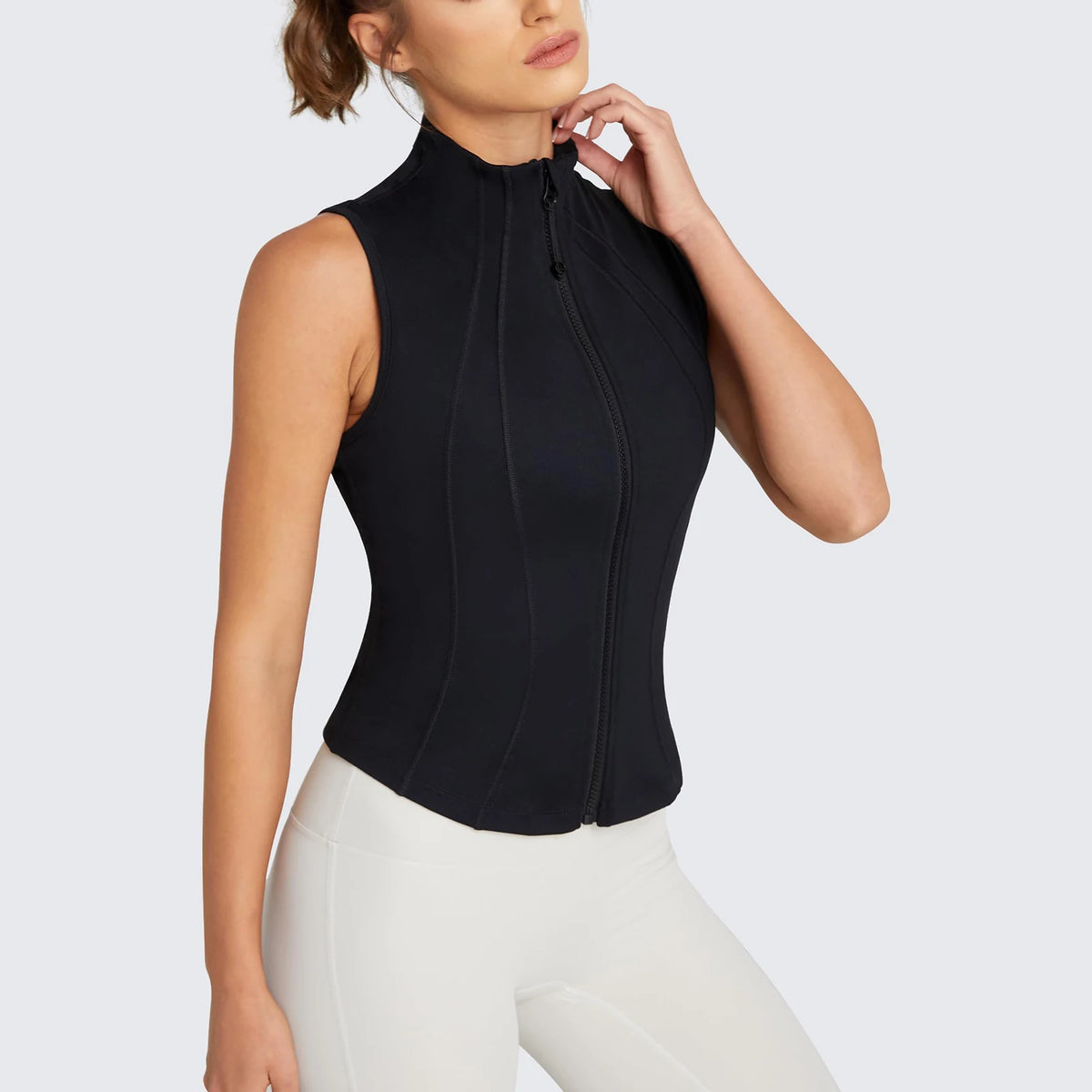 Women Workout Sleeveless Yoga Jacket Solid Zip-Up Stand Collar Tank Tops