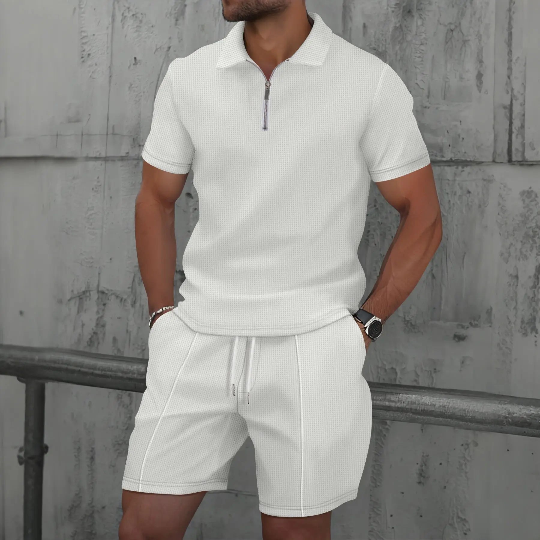 Men Europe and the United States new summer Waffle solid color zip-up sets