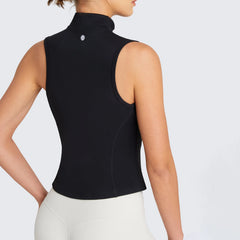 Women Workout Sleeveless Yoga Jacket Solid Zip-Up Stand Collar Tank Tops