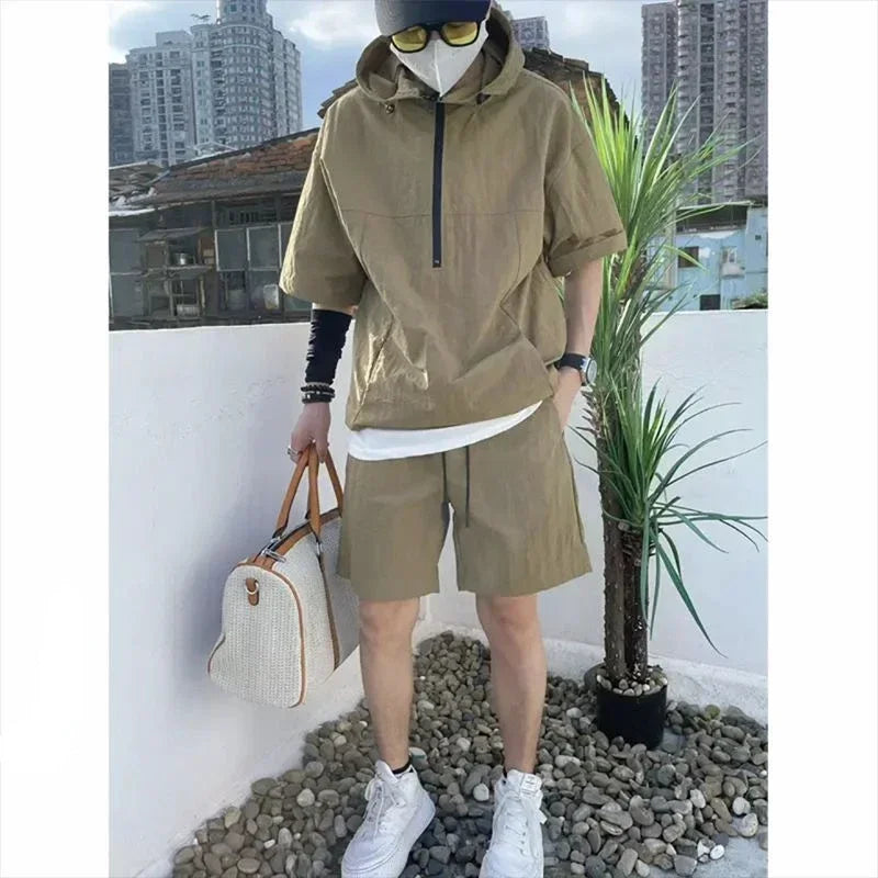 Summer Cargo Style Set Men's Casual Hooded Solid Short Sleeve T-shirt Shorts