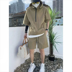 Summer Cargo Style Set Men's Casual Hooded Solid Short Sleeve T-shirt Shorts