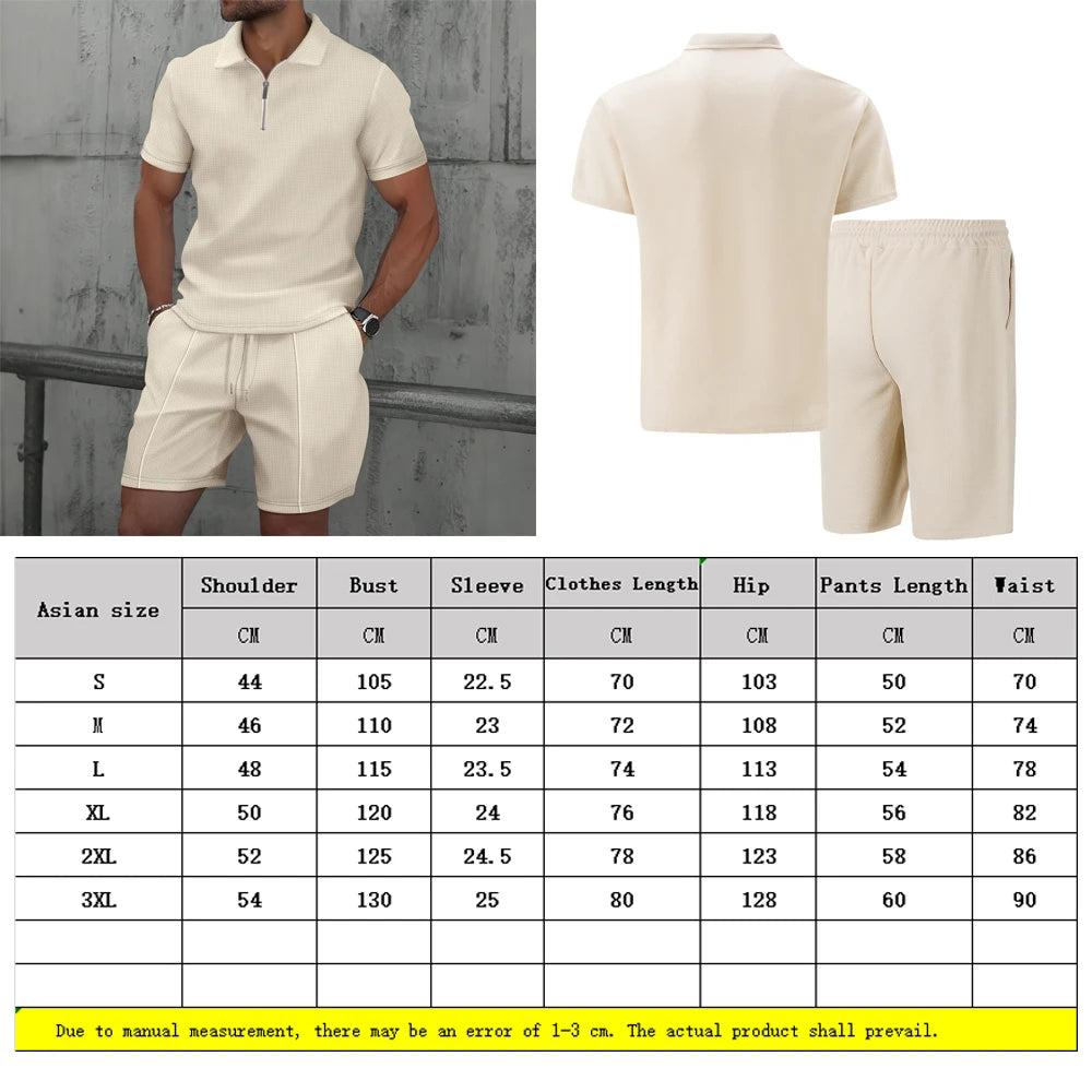 Men Europe and the United States new summer Waffle solid color zip-up sets