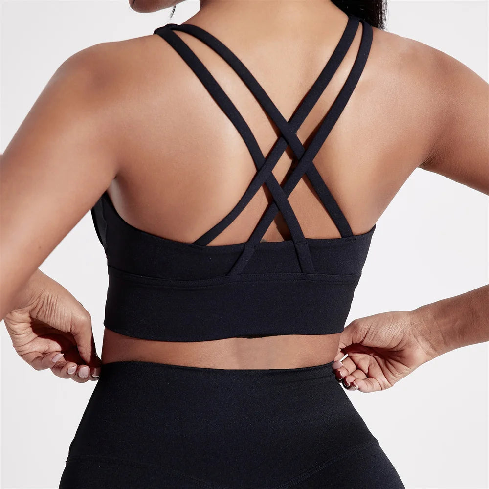 Solid Color Women Cross back Fitness sport Bra high strength Tight Top Gym