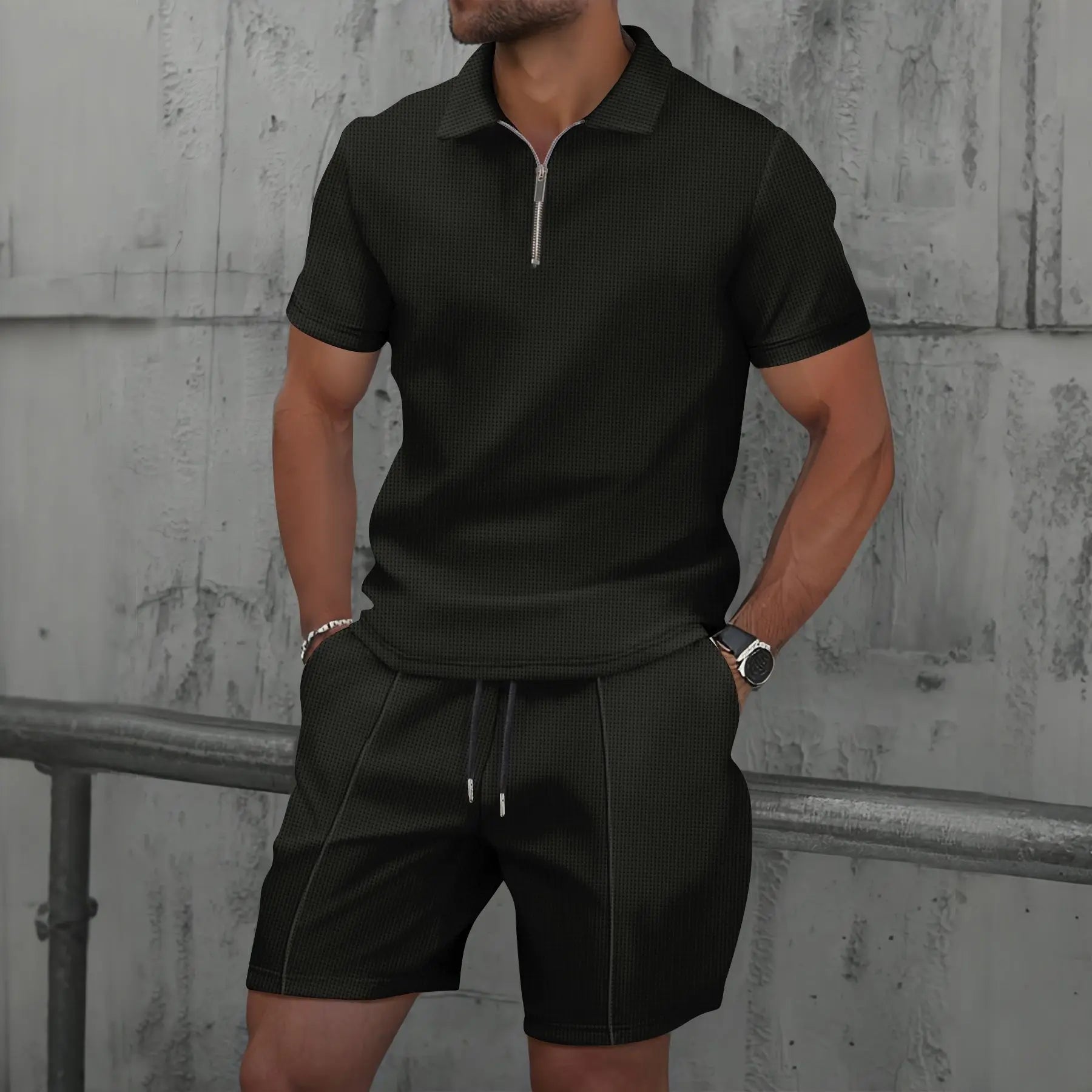 Men Europe and the United States new summer Waffle solid color zip-up sets