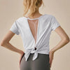 Yoga Shirt Women Mesh Back Split Cross Wrap Fitness T Shirt Short Sleeve Tops