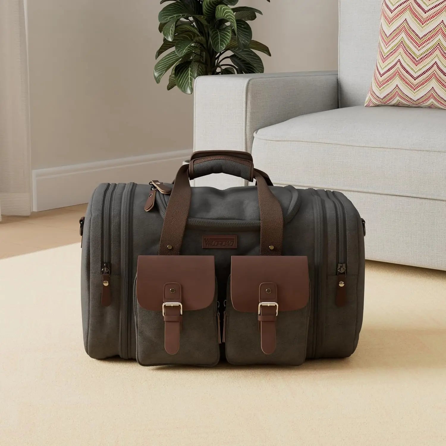 Expandable 60L Canvas Leather Duffle Bag, Waterproof Travel Weekender Carry