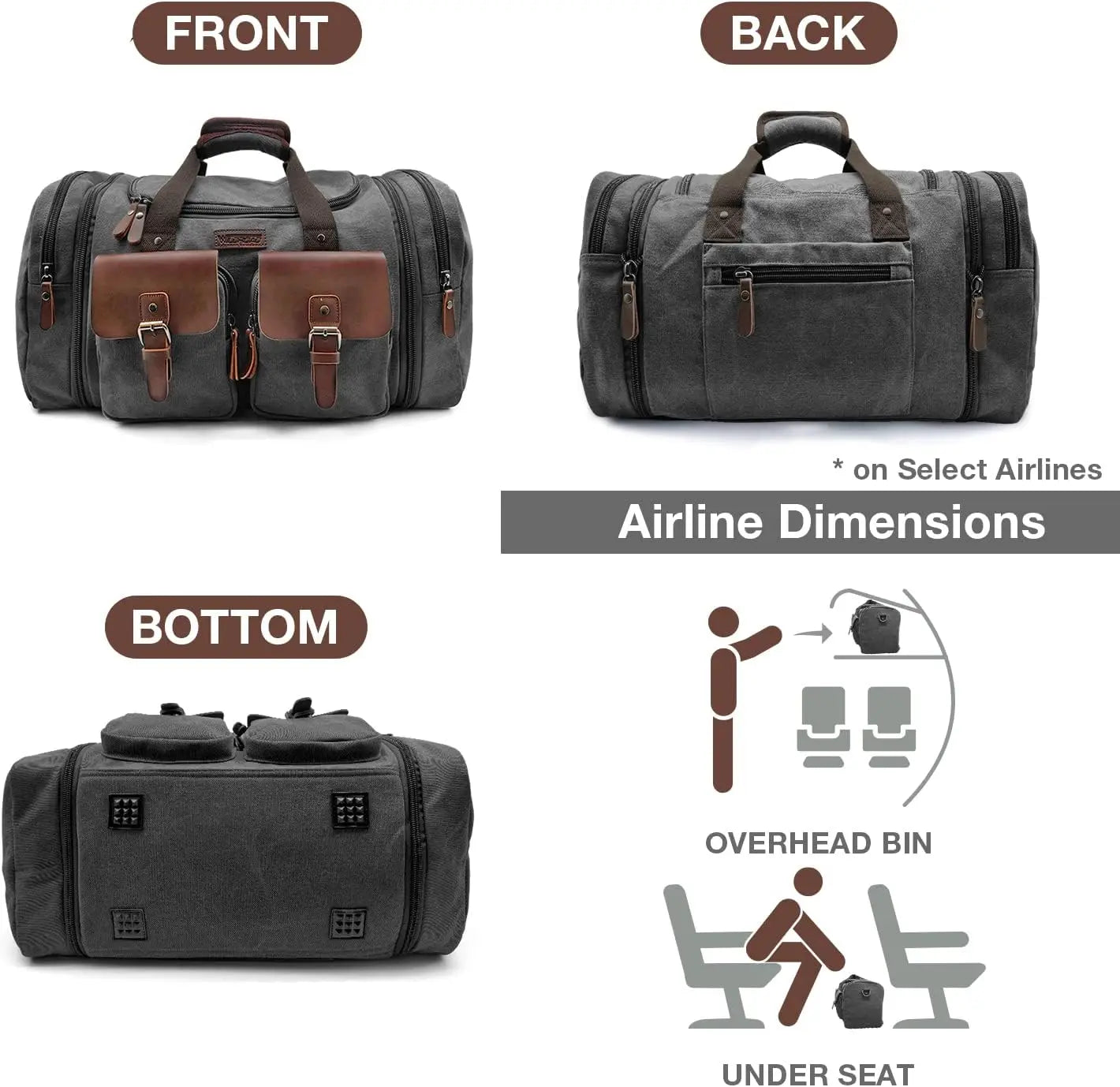 Expandable 60L Canvas Leather Duffle Bag, Waterproof Travel Weekender Carry