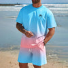 New Men's Suit Hawaiian Gradient Coconut Print Suit Summer Beach T-Shirt