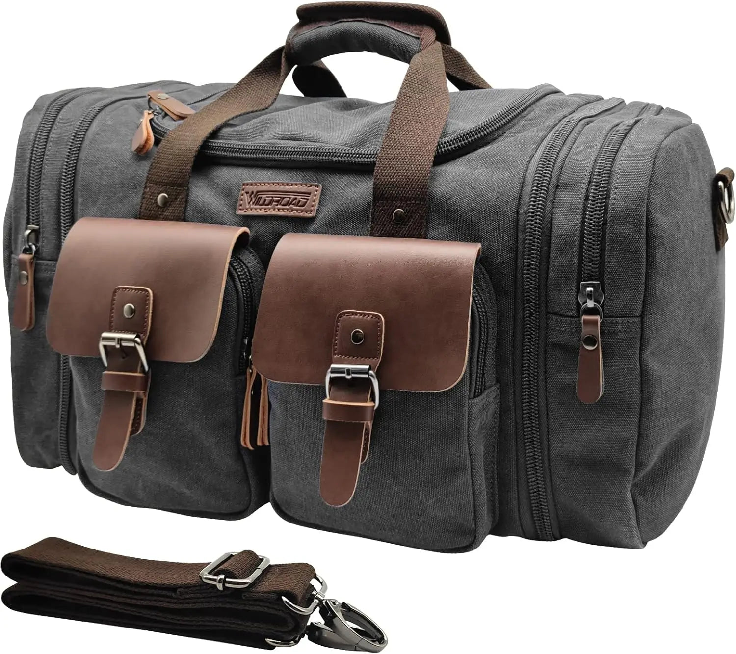 Expandable 60L Canvas Leather Duffle Bag, Waterproof Travel Weekender Carry