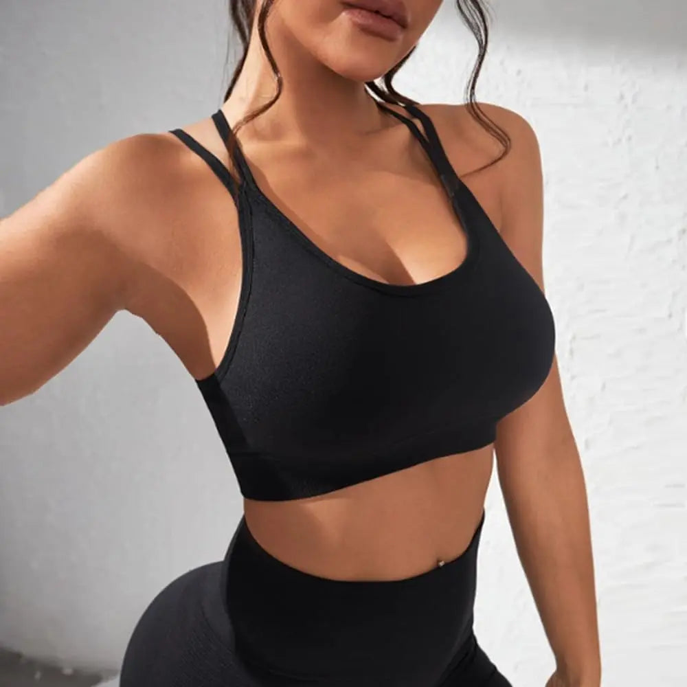 Women's Fitness Two-Piece Set - Seamless Cross Back Sports Tank Top