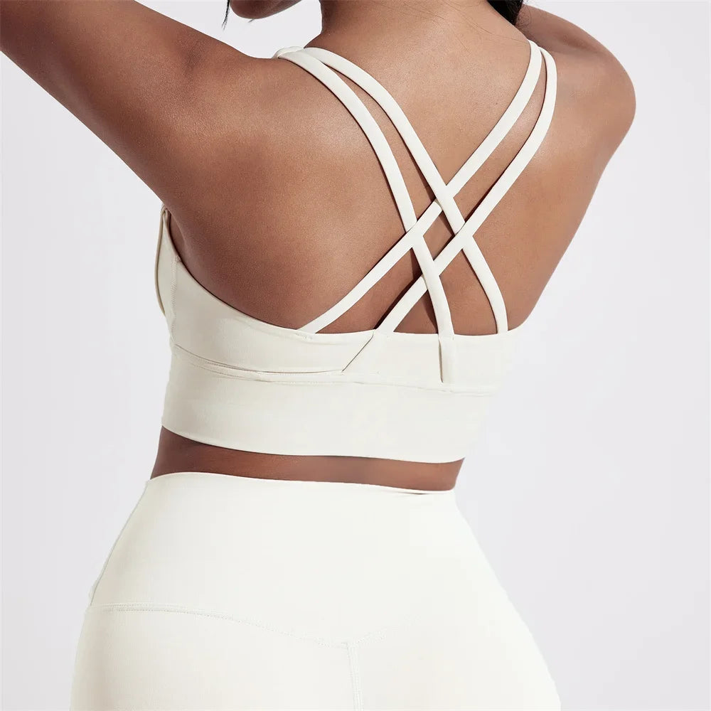 Solid Color Women Cross back Fitness sport Bra high strength Tight Top Gym