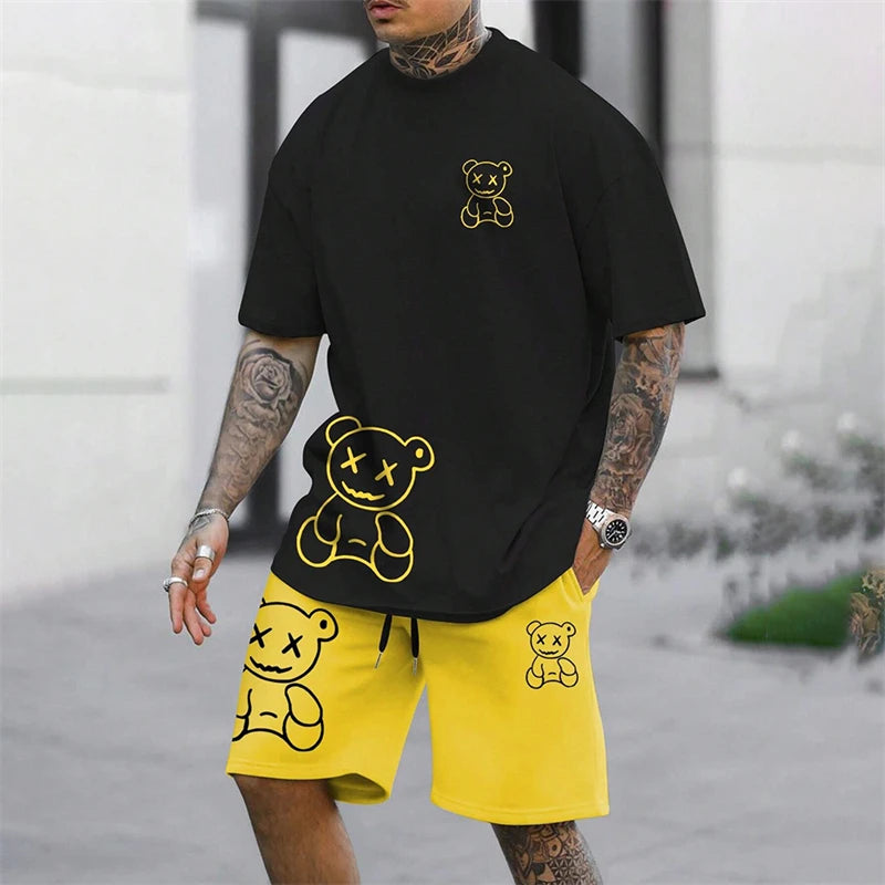 Bear Harajuku T-Shirt Men's Summer Loose Daily Couple Suit Outdoor Suit