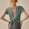 Yoga Shirt Women Mesh Back Split Cross Wrap Fitness T Shirt Short Sleeve Tops