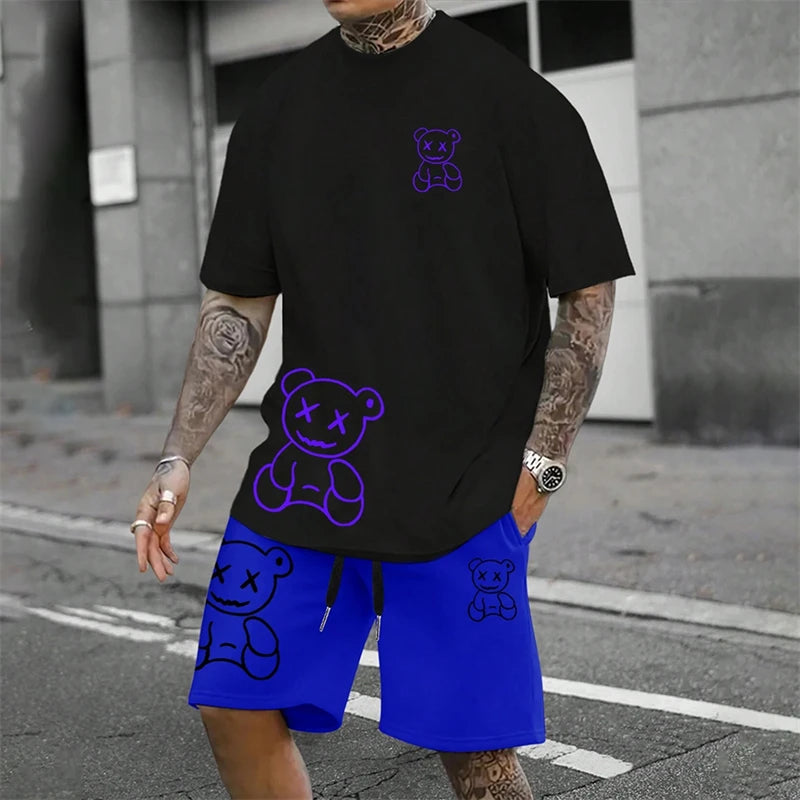 Bear Harajuku T-Shirt Men's Summer Loose Daily Couple Suit Outdoor Suit