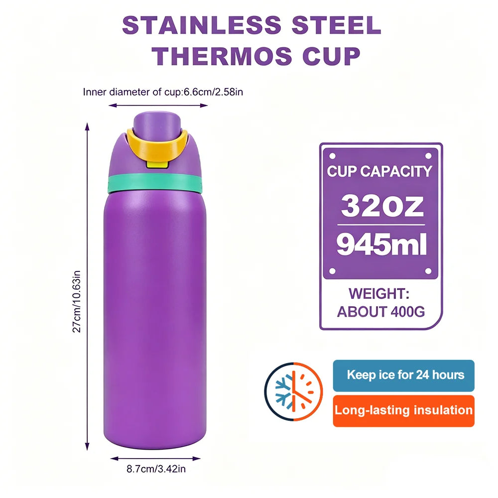 Owalaa purple 32oz/945ml stainless steel insulated water bottle with straw outdoor