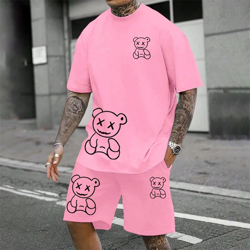 Bear Harajuku T-Shirt Men's Summer Loose Daily Couple Suit Outdoor Suit