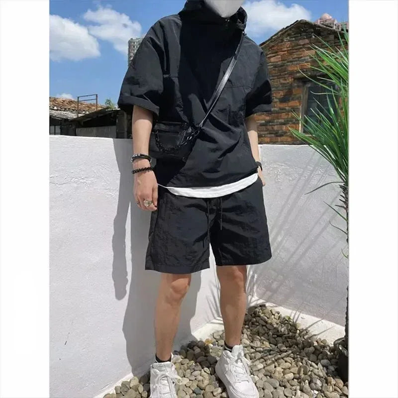 Summer Cargo Style Set Men's Casual Hooded Solid Short Sleeve T-shirt Shorts